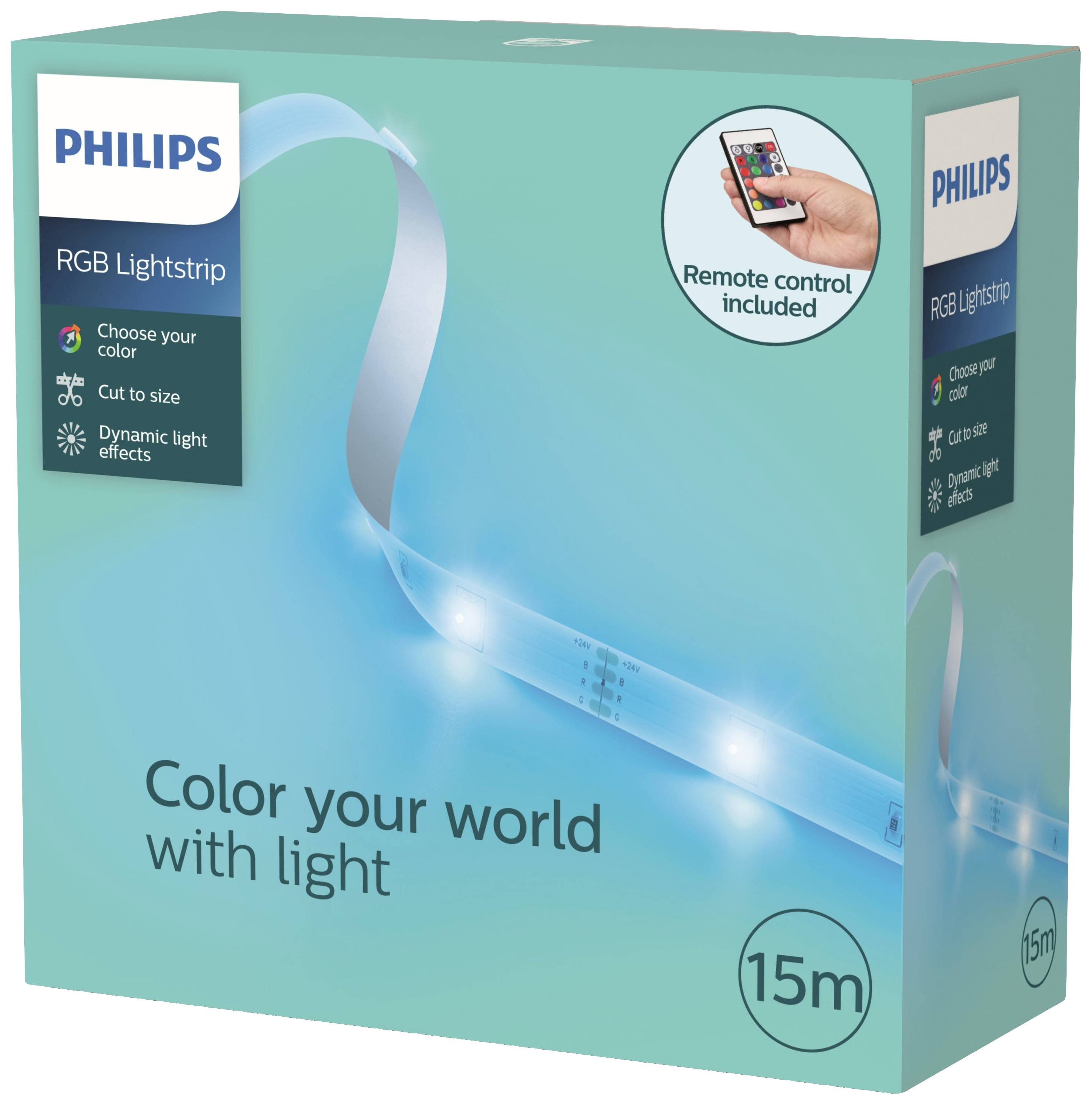 Philips RGB light strip shown on packaging with remote control, slogan 'Colour your world with light', 15m length, dynamic lighting effects.