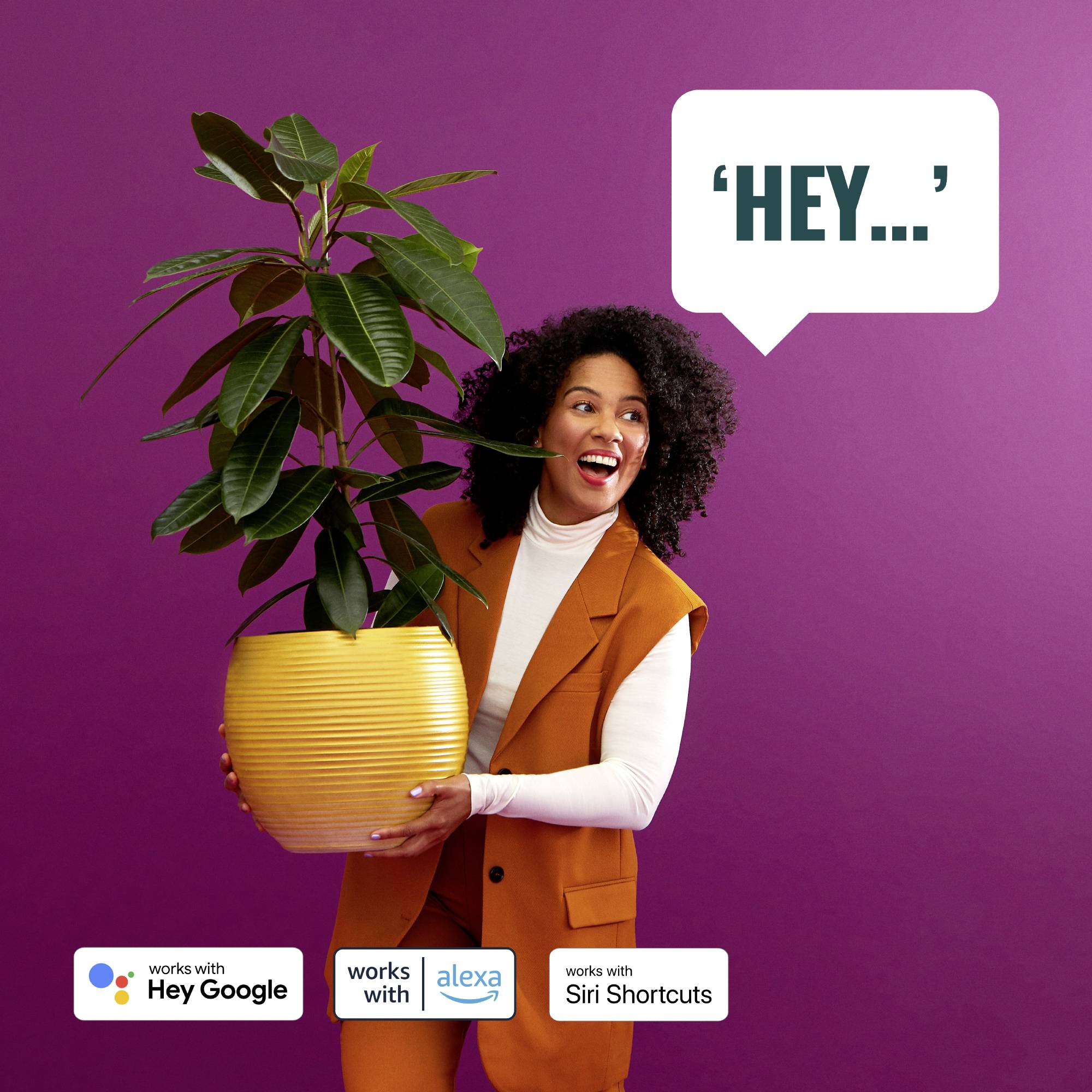 A smiling person is holding a large plant in front of a purple background. There are speech bubbles with 'Hey...' and logos of voice assistants.