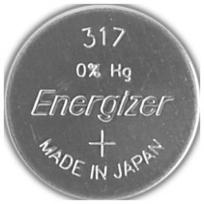 'Button battery with text: 317, 0% Hg, Energizer, Made in Japan.'