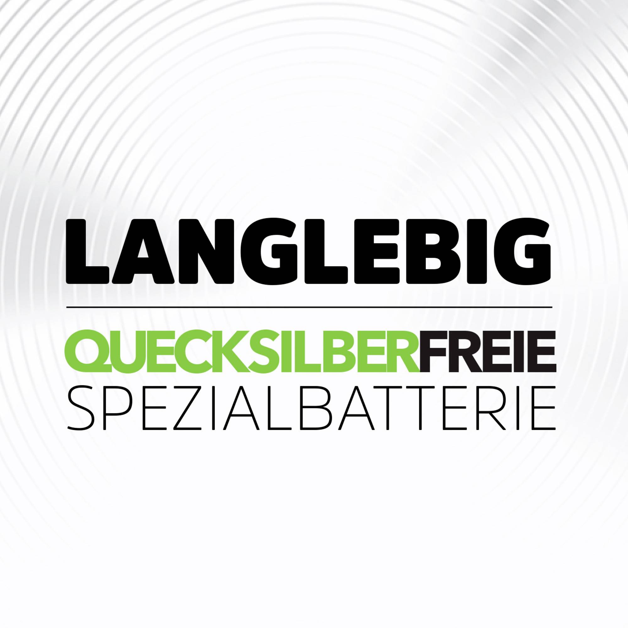 'Long-lasting mercury-free specialist battery' appears in black and green text on a white, circular structured background.