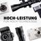 Various cameras and a telephoto lens are lying on a table. The text in the middle reads 'High Performance for High Technology'.