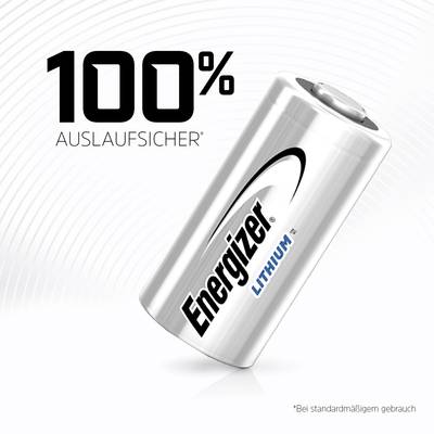 'Energizer Lithium Battery, text reading "100% leak-proof" and note "Under standard usage conditions".'