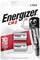 Two Energizer CR2 lithium batteries in a package. The packaging displays a cartoon character representing strength.