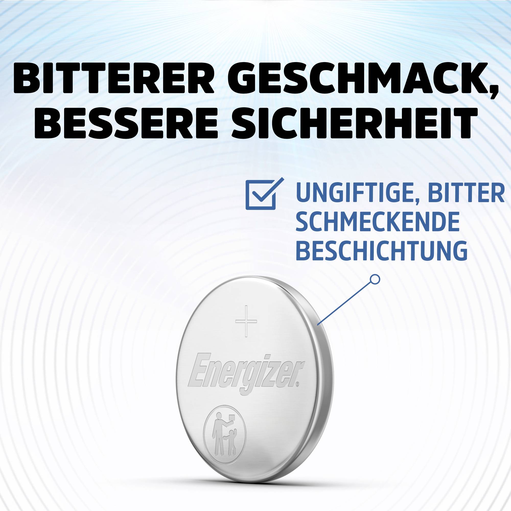 An Energizer button cell battery with the inscription 'Bitter Taste, Better Safety', indicates the non-toxic, bitter coating.