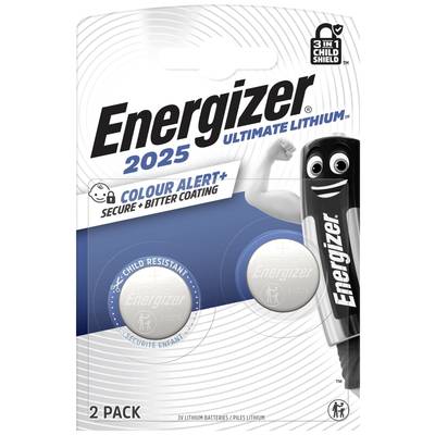 Two Energizer 2025 Ultimate Lithium Batteries. Child-resistant packaging with bitter coating as a safety feature. 3V.