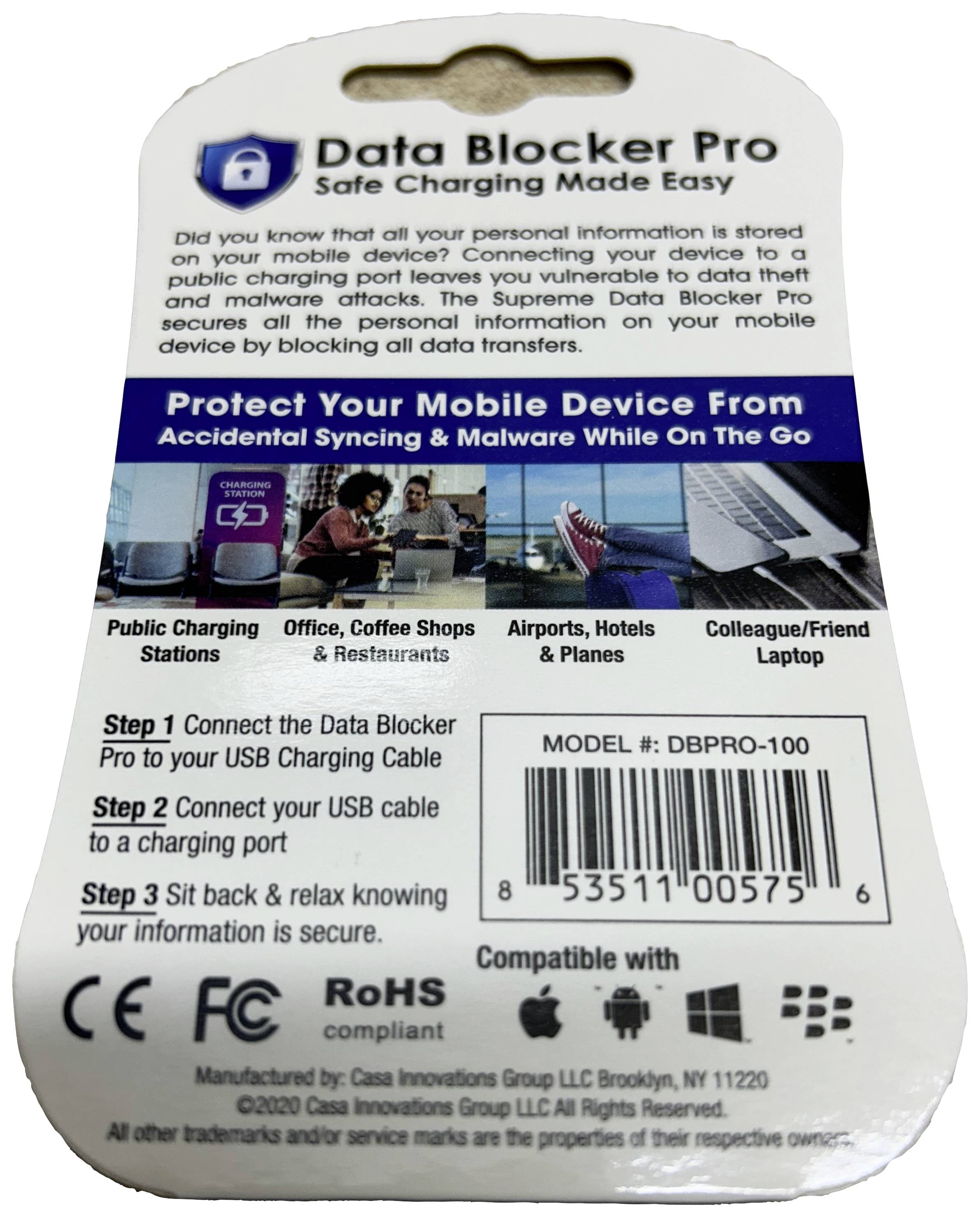'Data Blocker Pro' Packaging Text: Protection for mobile devices against malware, especially when charging at public locations such as offices and hotels.