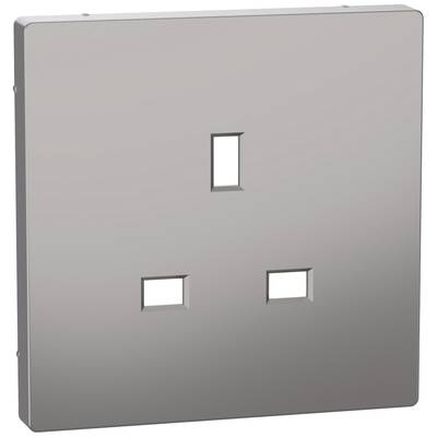 A silver metal plate with three rectangular cut-outs in the centre. Suitable for installing electrical sockets.