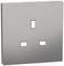 A silver metal plate with three rectangular cut-outs in the centre. Suitable for installing electrical sockets.