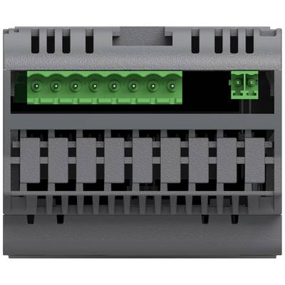 A grey connector strip with multiple green terminal blocks, likely for electrical connections.