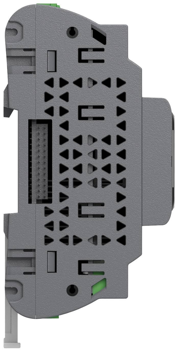 Grey electronic module with side mounting elements and a black connector on the front, likely for industrial applications.