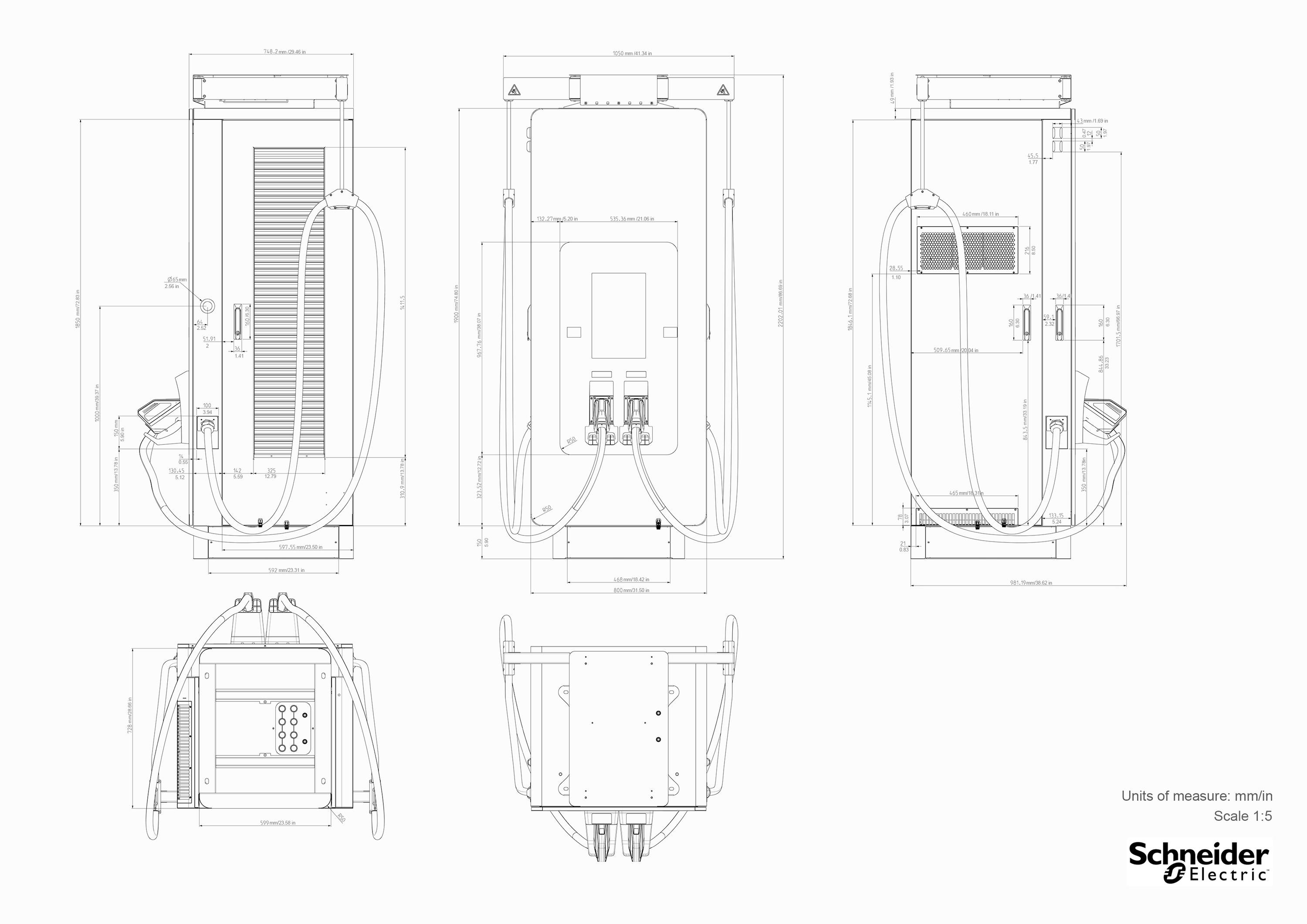 Technical Drawing of a Charging Station by Schneider Electric, Front, Side, and Rear View with Cable Connections and Dimensions.