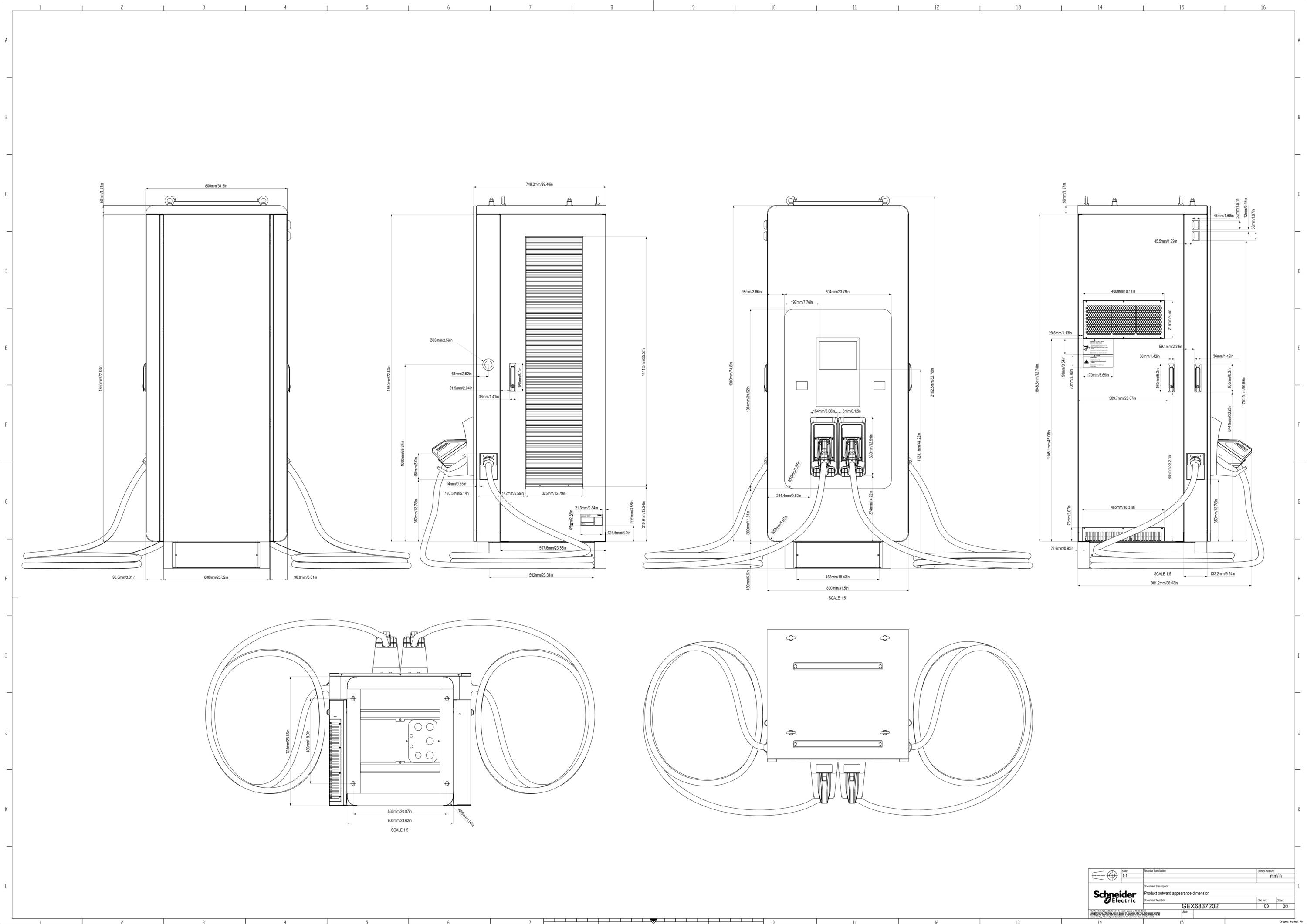Technical drawing of an electrical control cabinet with various views, including dimensions and connections.