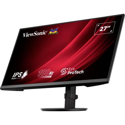 A 27-inch monitor from ViewSonic with IPS technology, 100 Hz refresh rate and Eye ProTech features on a red background.