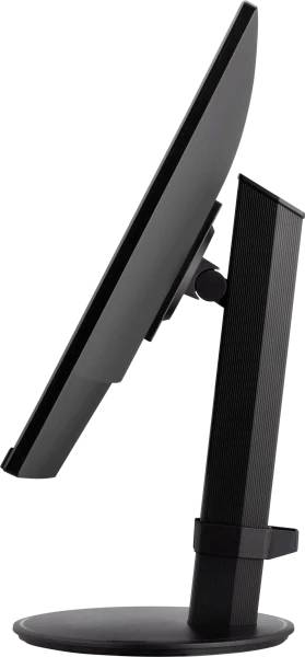 A black computer monitor viewed from the side. The screen is mounted on a slim, height-adjustable stand that allows for tilting.