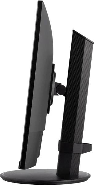 Side view of a black computer monitor on a round stand.