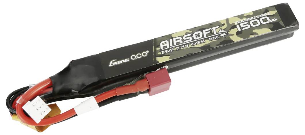 A 1500 mAh airsoft battery. It is flat and elongated, with a camouflage pattern and featuring cables and connectors at one end.