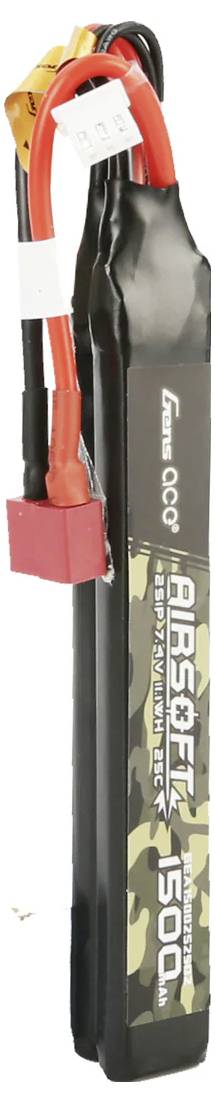 A rectangular Airsoft battery with camouflage pattern and the inscription 'AIRSOFT 1500'. Two red cables are attached at the top.