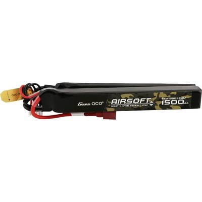 A black Airsoft battery with '1500 mAh' marking and connection cables, for use in Airsoft weapons.