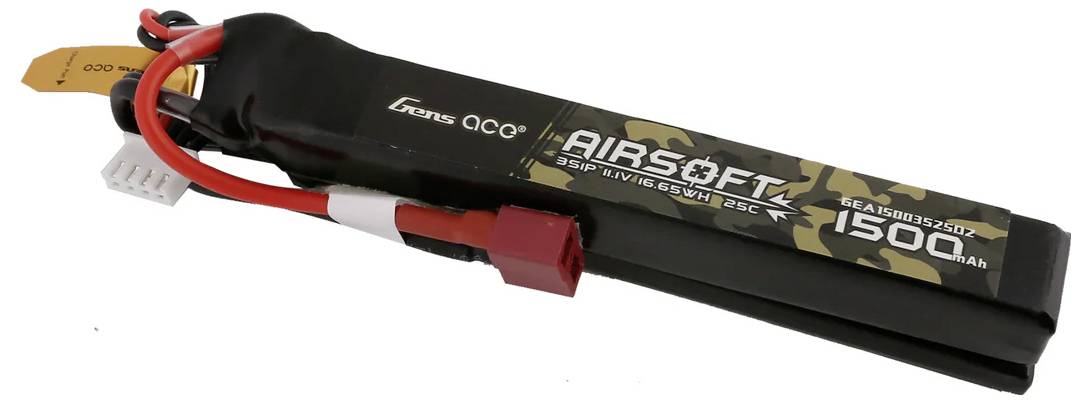 The image depicts a LiPo battery, 1500mAh, specifically designed for Airsoft, housed in a black casing with red and white cables.