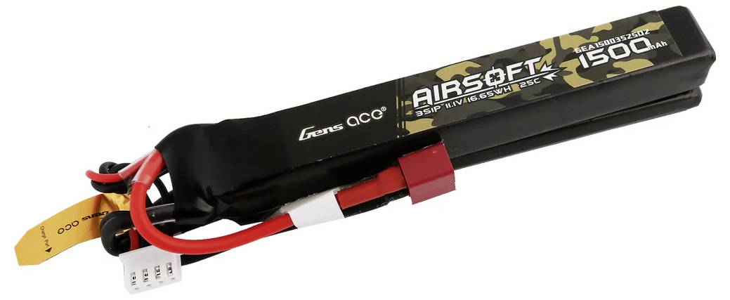 'Airsoft 1500mAh 7.4V 20C LiPo Battery Pack' in Black with Camouflage Pattern and Red Leads.