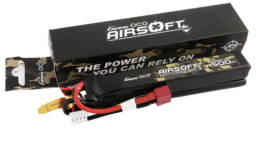 A rechargeable airsoft battery with the inscription 'The power you can rely on', in a black packaging. Connecting cables are visible.