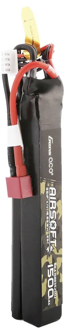 A black Airsoft battery with camouflage design and 1500mAh capacity. Connection cables and plug are visible at the top.