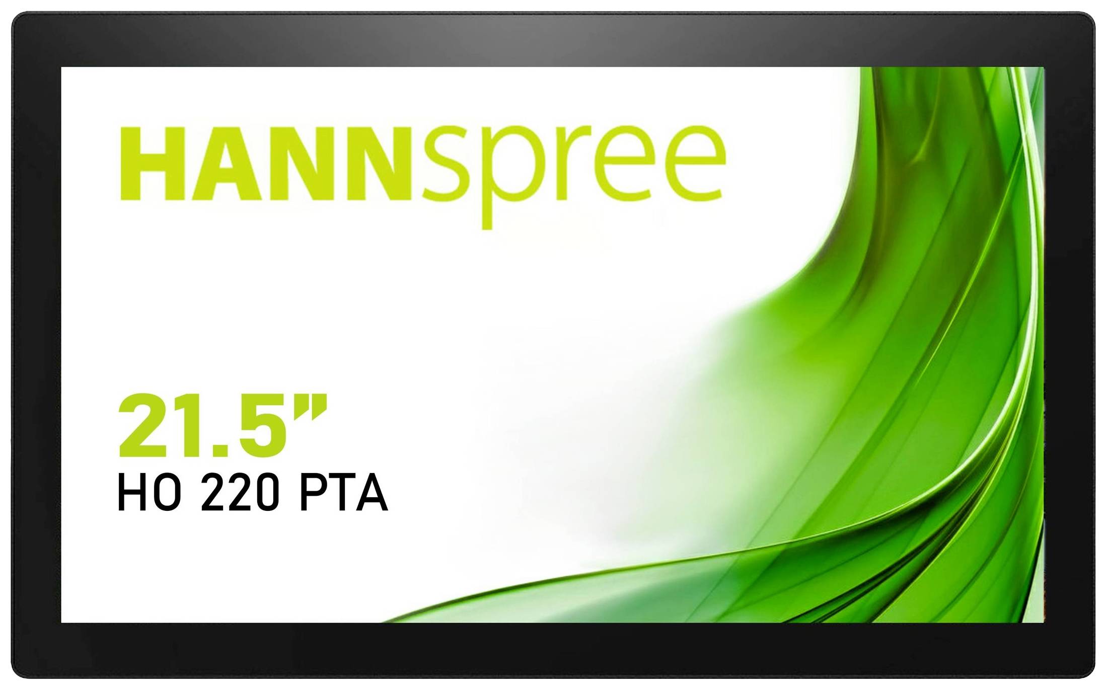 A HANNspree monitor with a 21.5-inch screen diagonal and the model designation HO 220 PTA. The design features green waves.