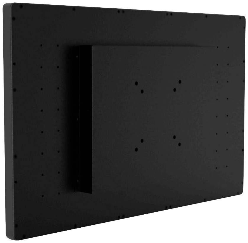'Rear side of a black TV set or monitor with VESA mounting points.'