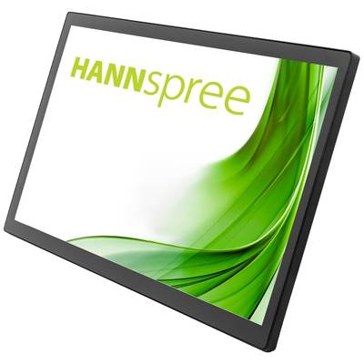 A black monitor with the 'Hannspree' logo in green. The display shows a green, abstract wave form on a white background.