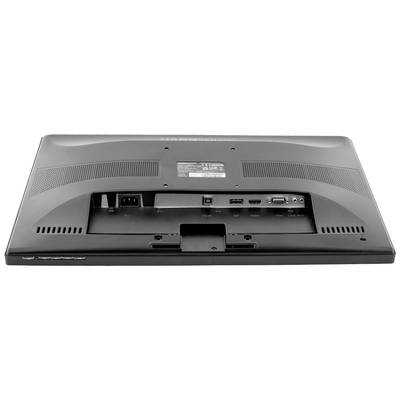 Rear view of a monitor showing visible ports, including power, HDMI, VGA and USB.