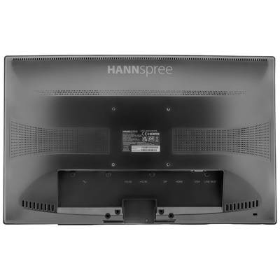 A monitor from the back, brand 'Hannspree', shows the following ports: DisplayPort, HDMI, VGA and Line-In.