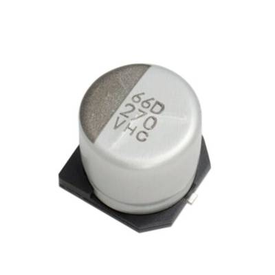 A cylindrical capacitor with the inscription '66D 270 VHC' on the top, mounted on a black hexagonal base.