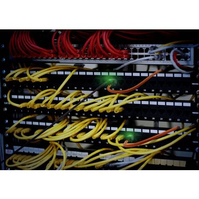 A network server rack with yellow and red cables, connected in an internet data centre.