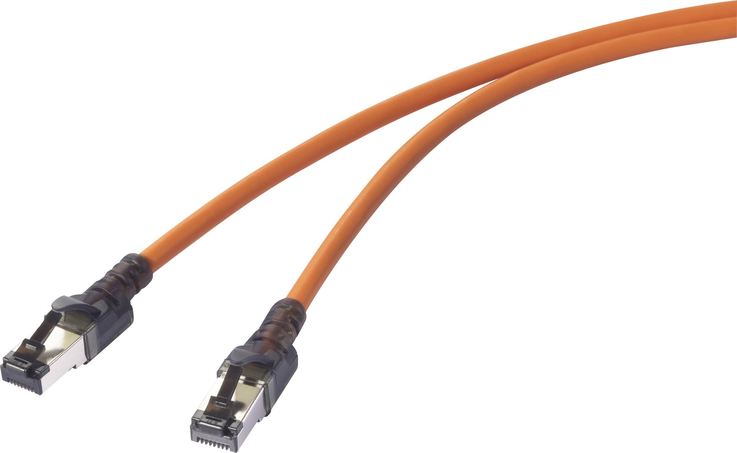 Two orange network cables with RJ45 connectors, commonly used for data transmission in computer or network technology.