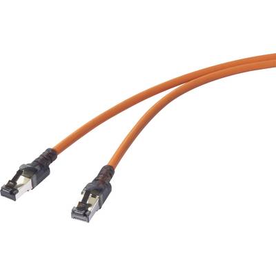 Two orange network cables with RJ45 connectors, commonly used for data transmission in computer or network technology.