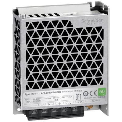 A switched-mode power supply from Schneider Electric with model number 'ABL2REM24020K', input 100-240V, output 24V, current rating 2.2A.