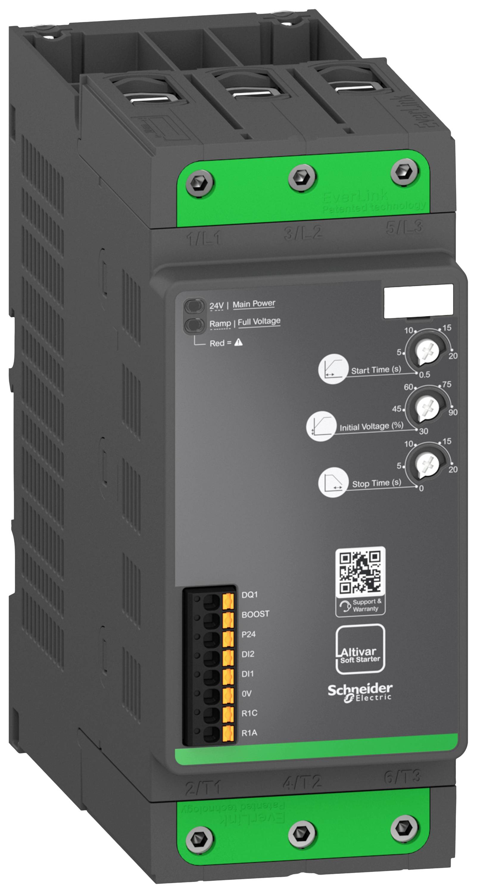 Electronic device by Schneider Electric for controlling and monitoring motors, with rotary controls and connection terminals.