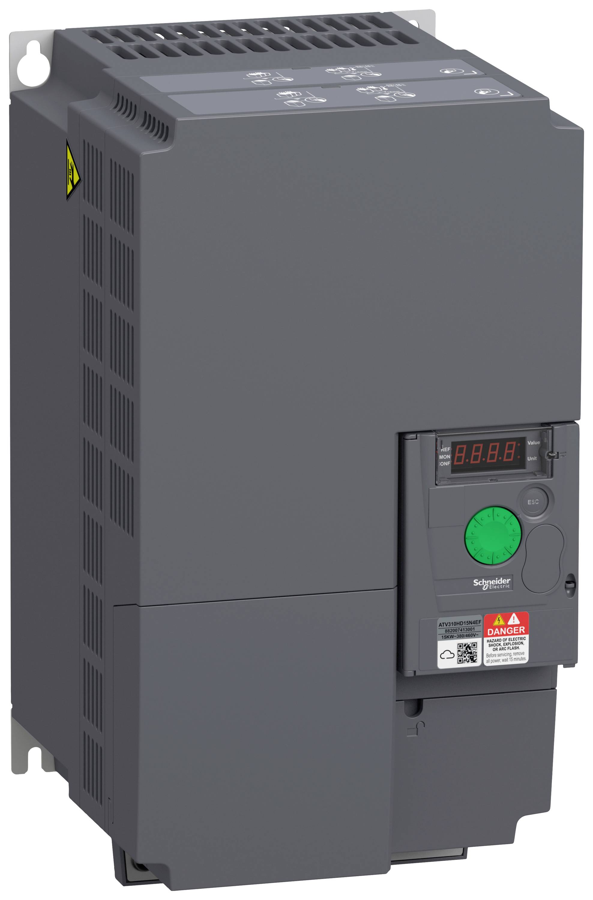 Grey-black frequency inverter with display and control buttons, used for regulating motor speed in industrial applications.