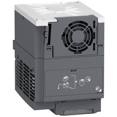 A black electric device with a fan on the back and a diagram on the front showing connections.