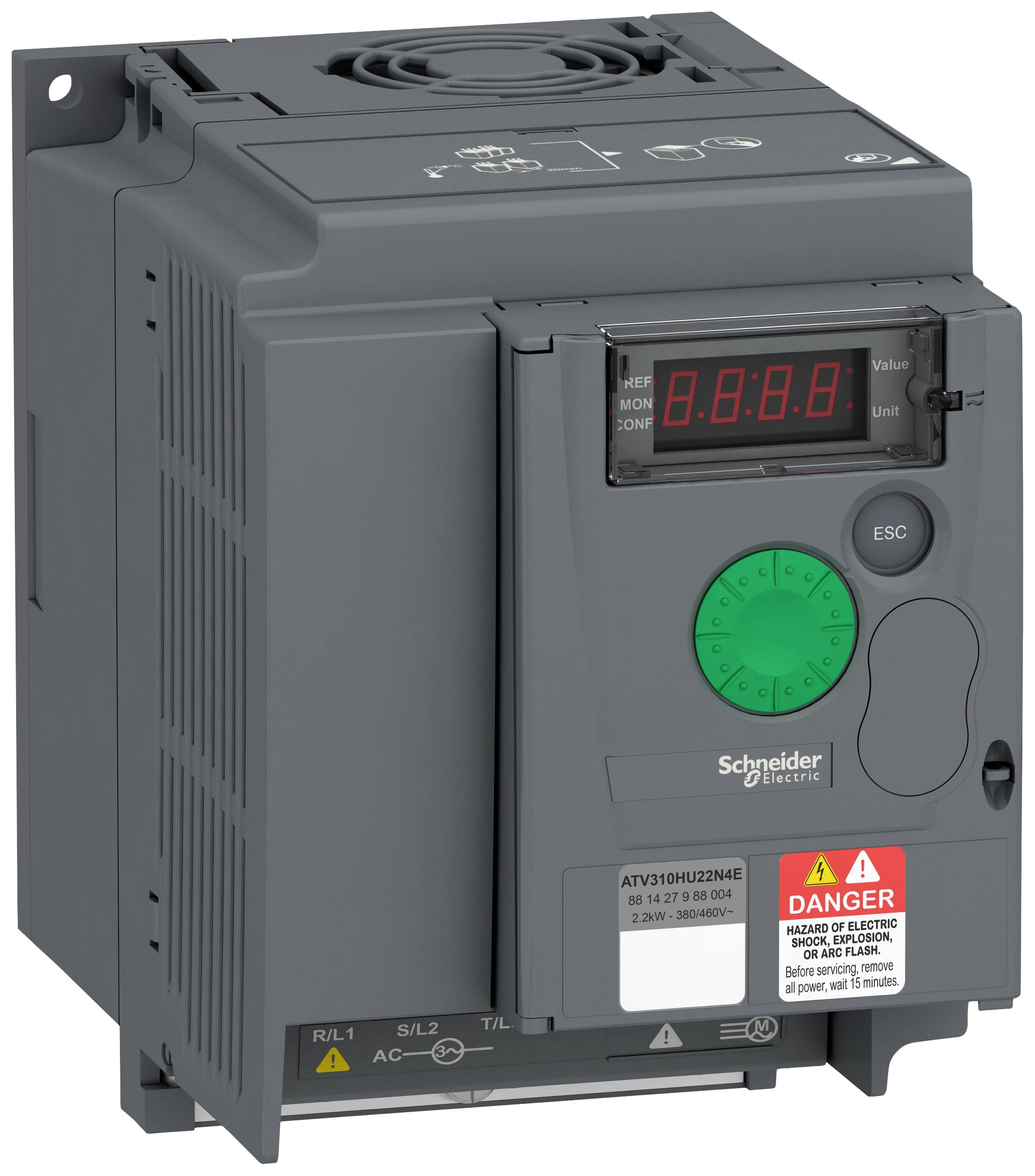 'Schneider Electric frequency inverter with display and control elements, Model ATV310HU22N4E, for electric motor control.'