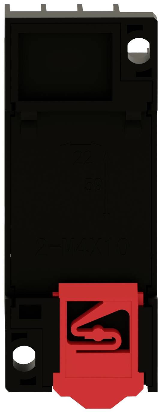 'Black electrical component with a red safety switch below. Designed to secure electrical connections.'