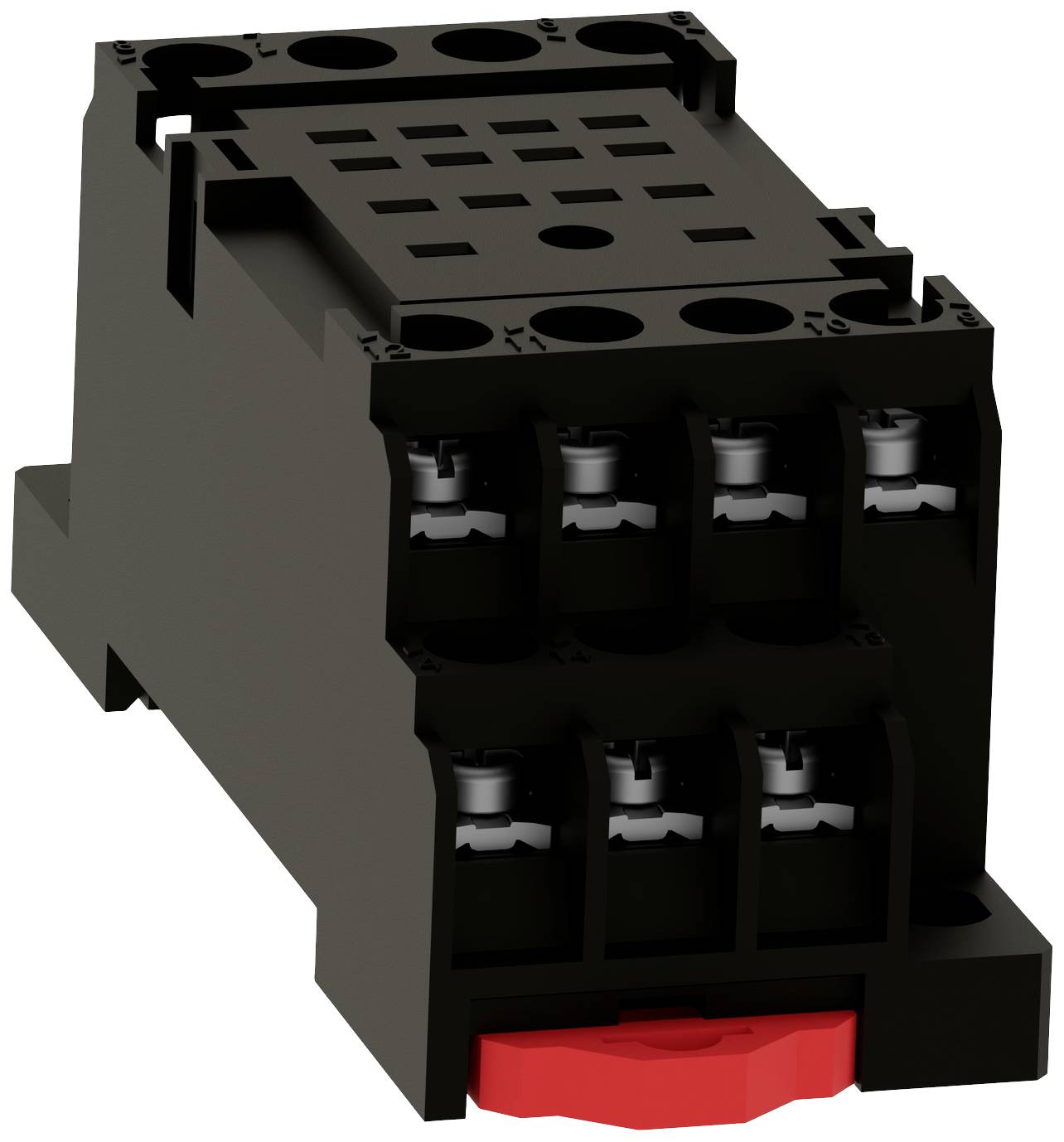 Electrical component, possibly a relay, with a black casing and red switch on the underside, presented on a white background.
