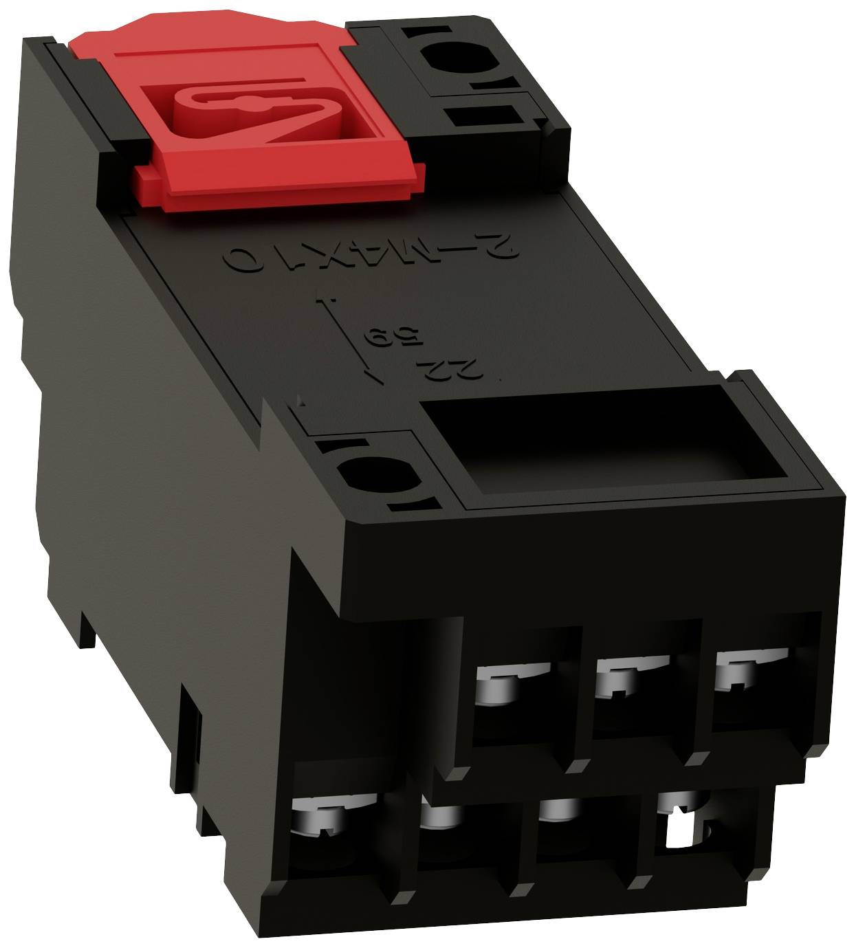 A black electrical terminal block with a red lever on top. Used for securely connecting cables in electrical circuits.