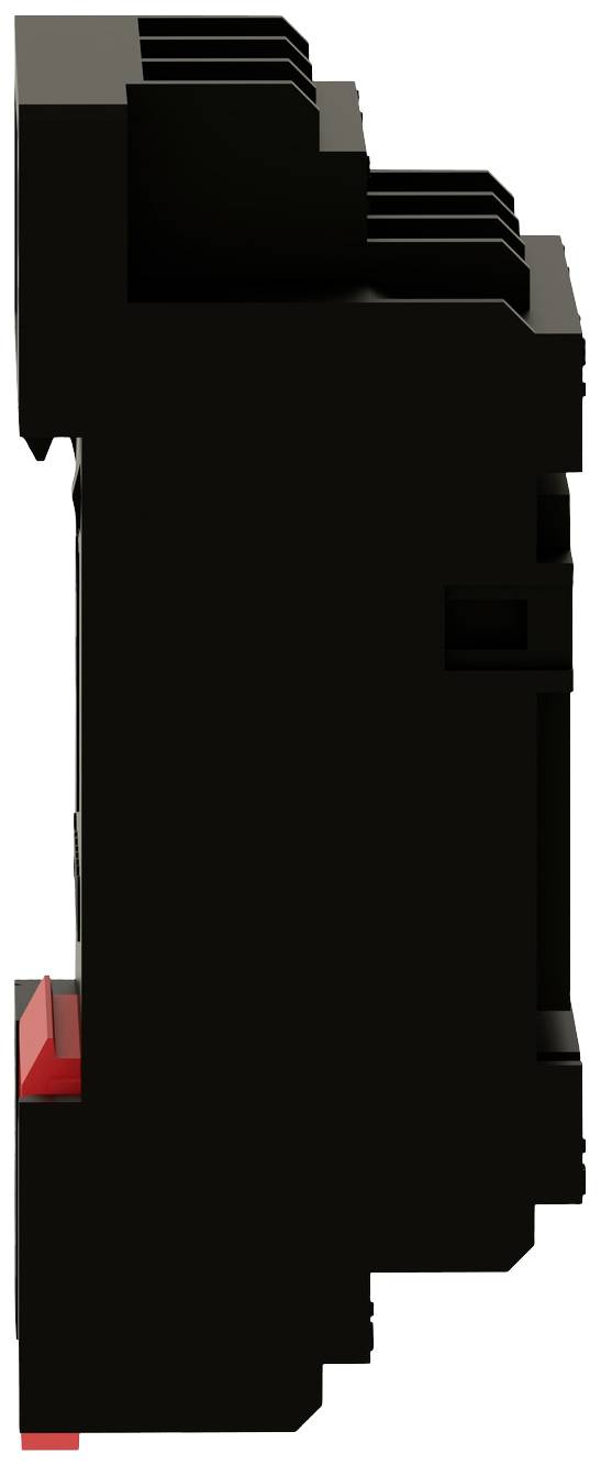 'Black electrical component in profile view, with red elements on the side. Used in electrical circuits.'