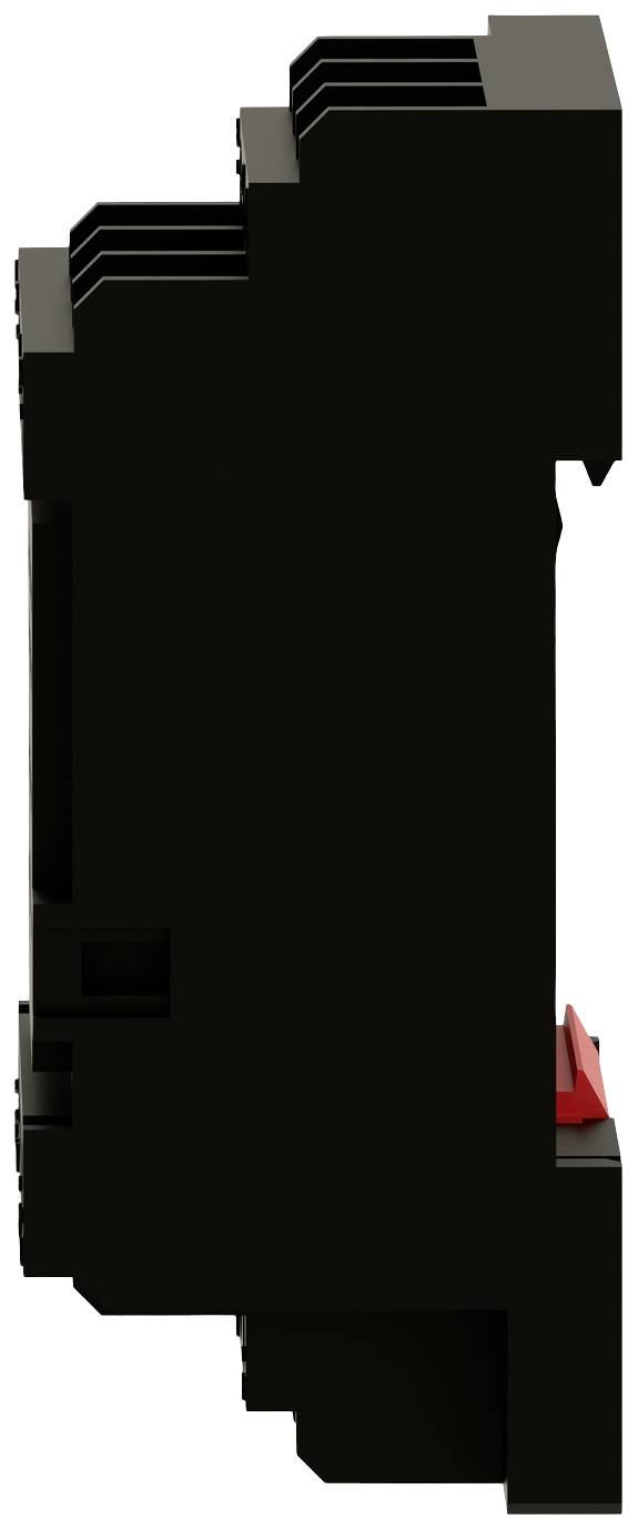 Black electronic component viewed from the side with red and black details.