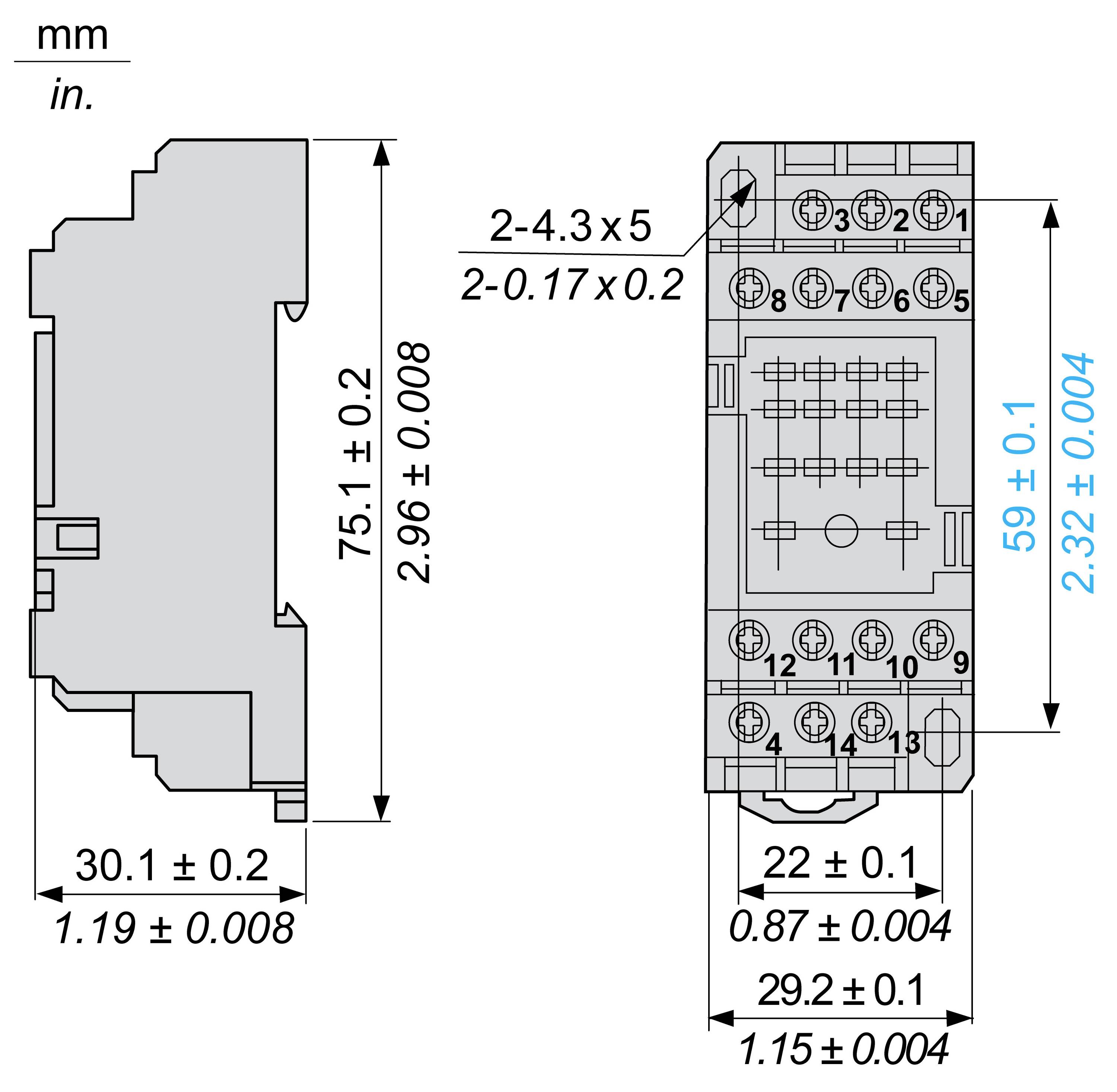 Figure shows technical drawing of an electrical component with detailed metric and imperial dimensions and tolerances.