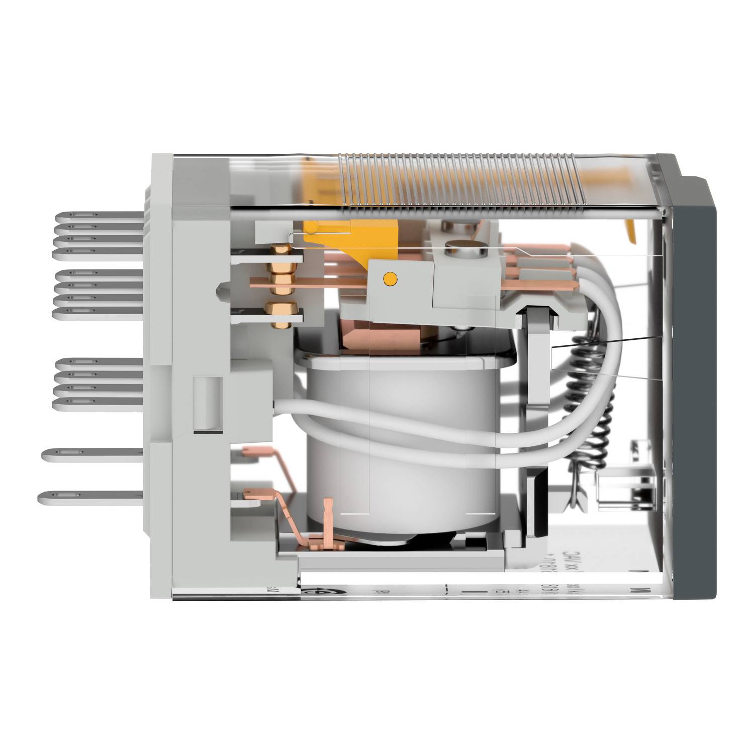 An electromechanical relay with visible coils, switching contacts, and springs, housed in a transparent case, opened from the side.