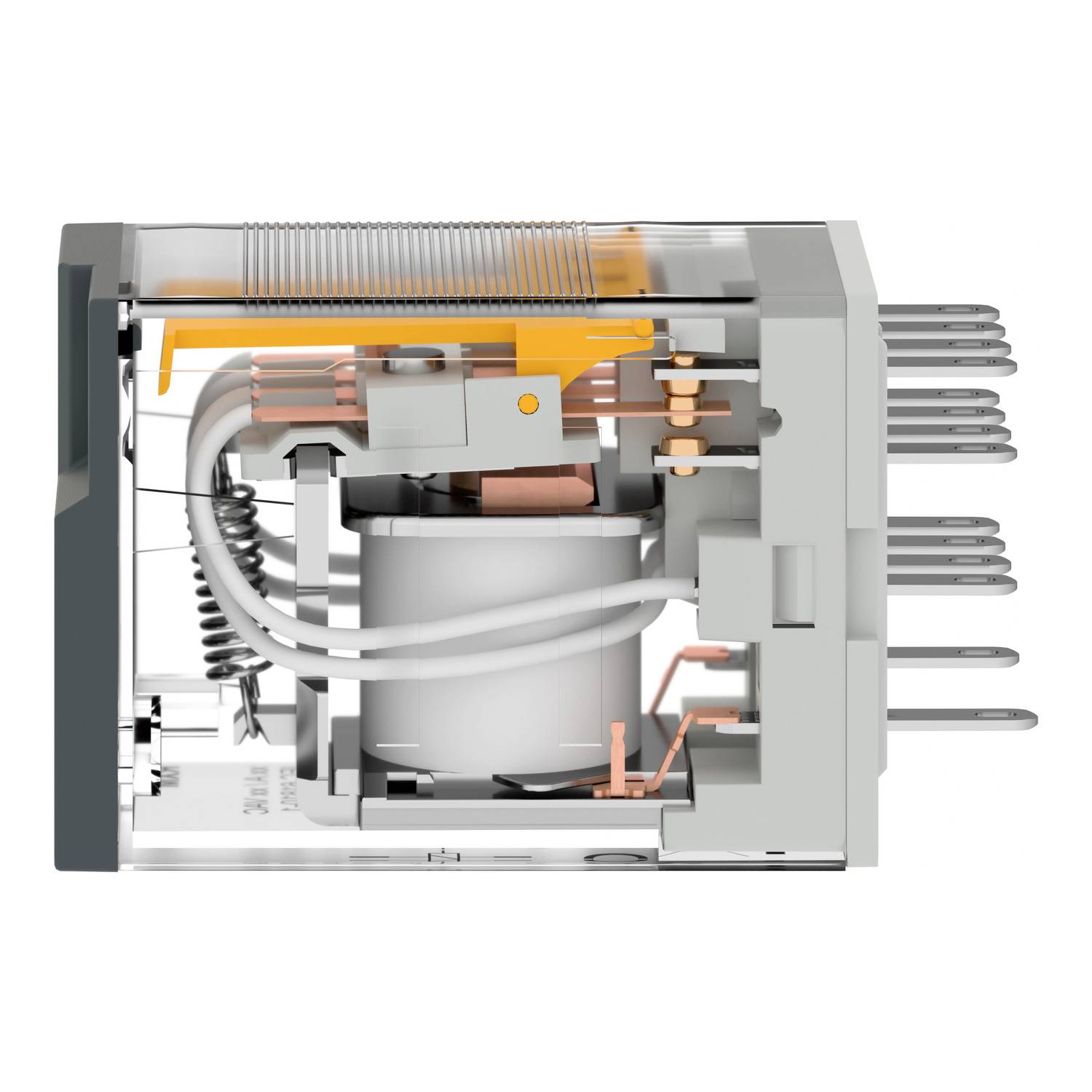 Relay cross-section shows internal components such as coil, contacts, and springs. Used for controlling electrical circuits.