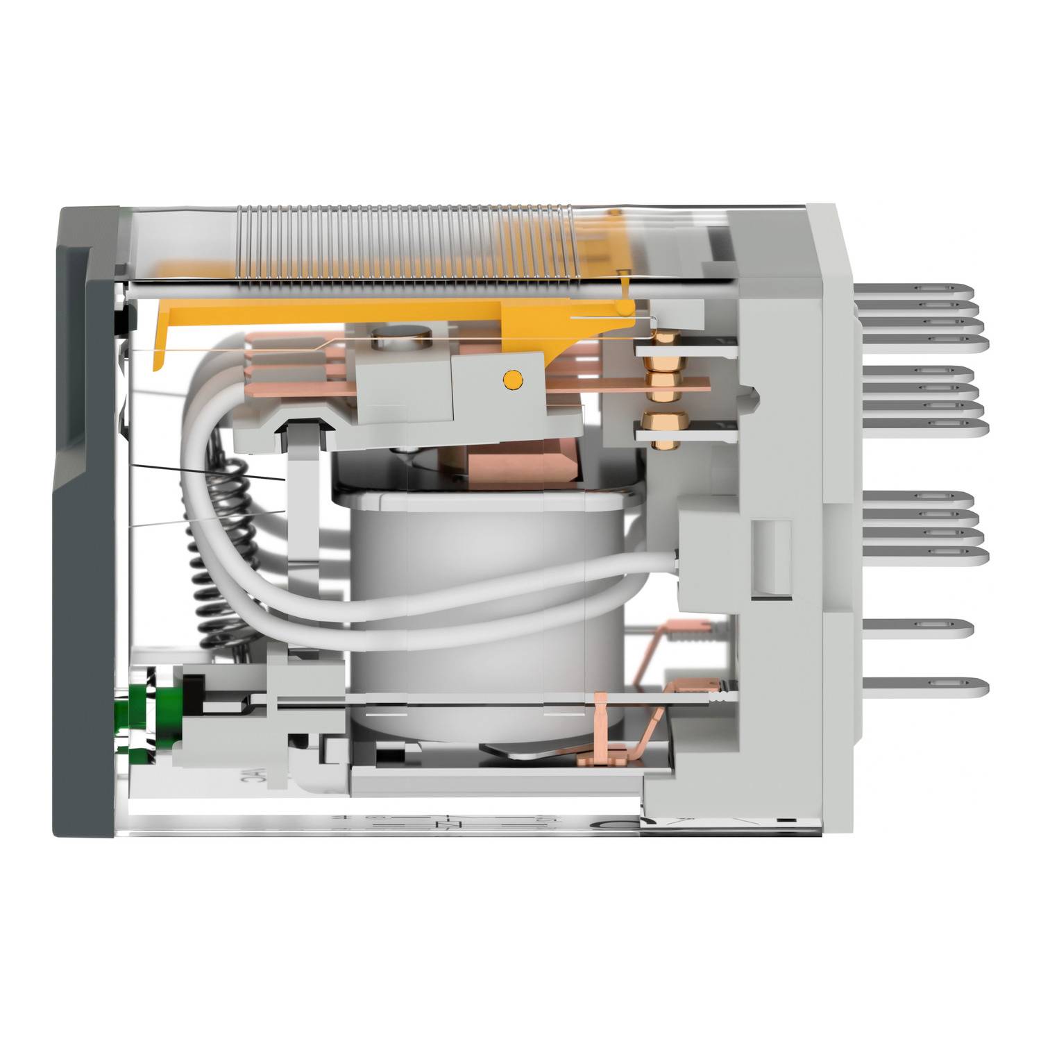 Cross-section of an electromechanical relay showing visible coils, contacts, and mechanical components for switching operations.