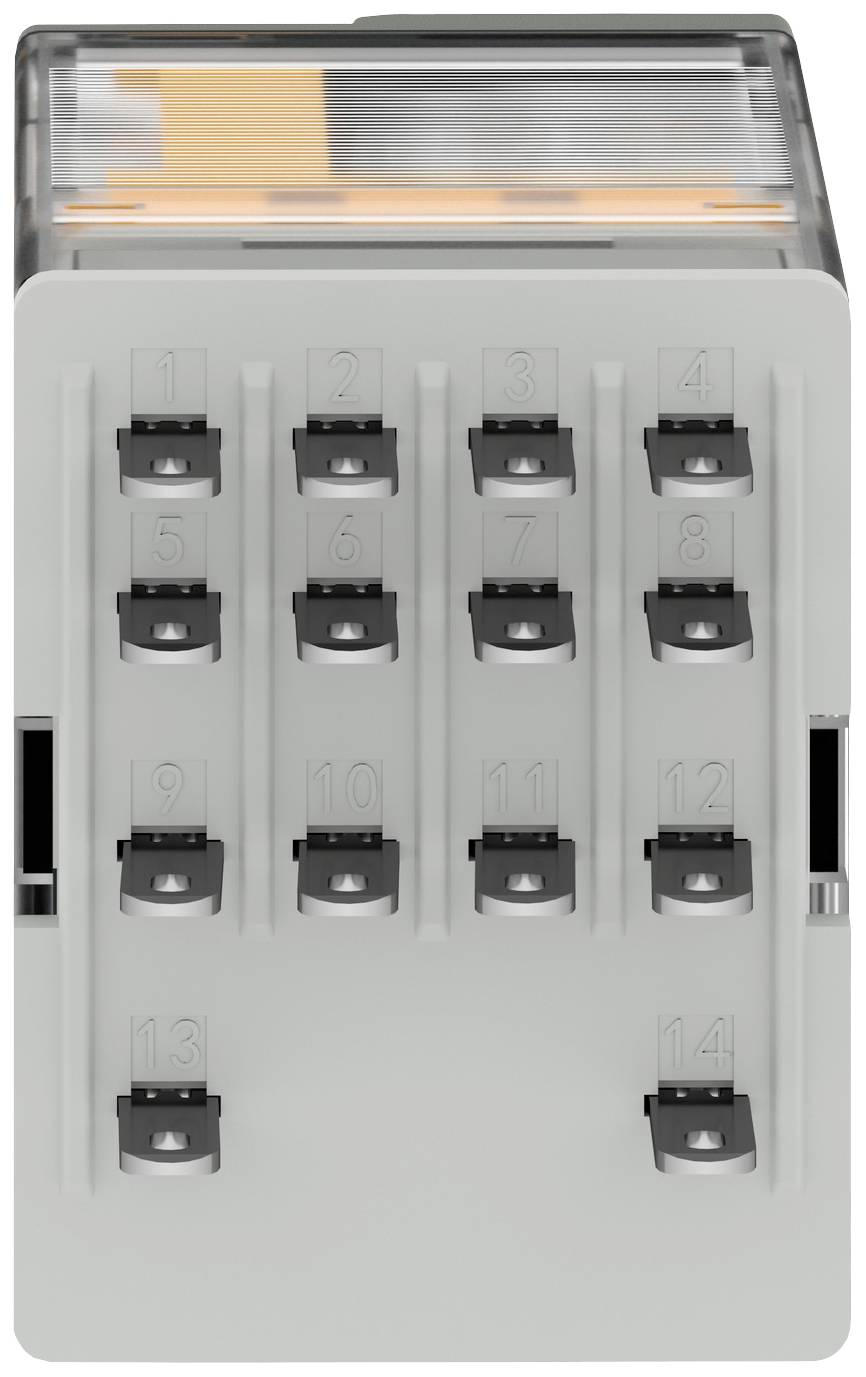 A grey electronic switch box with 14 numbered ports. A transparent lid is visible on top.